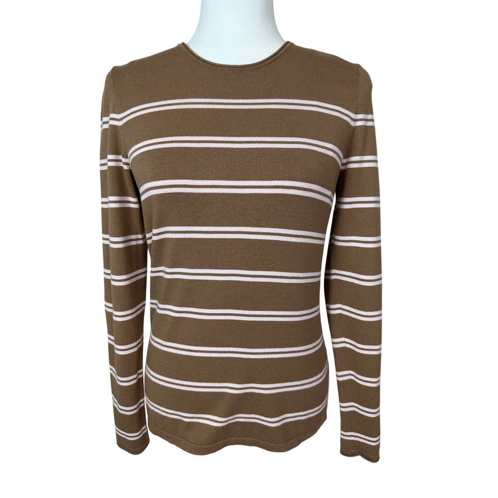 J. Mclaughlin Woman's Long Sleeve Crew Neck Shirt Sweater Brown/White Size S